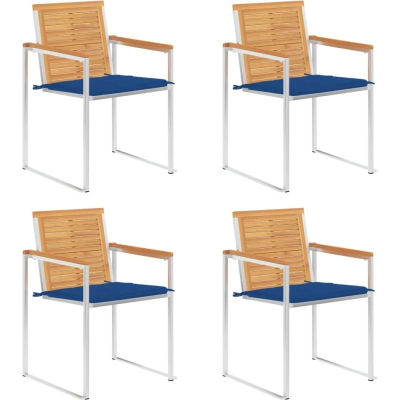 vidaXL Havestole 4 stk. med hynder, massivt teaktræ, rustfrit stål