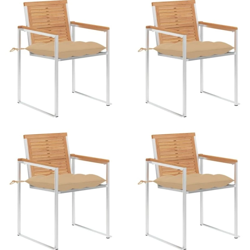 vidaXL Havestole 4 stk. med hynder, massivt teaktræ, beige