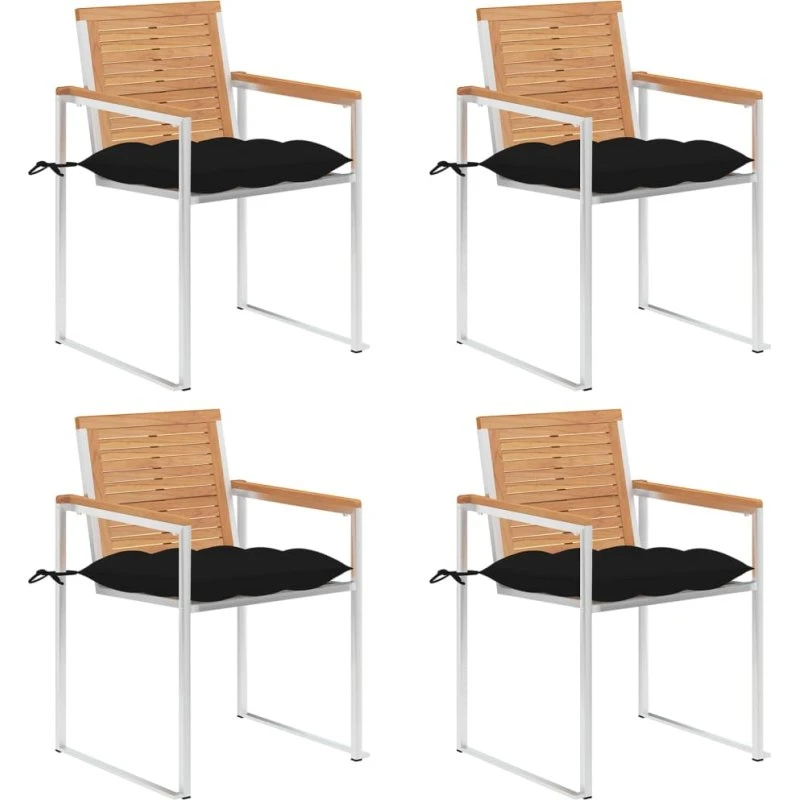 vidaXL Havestole 4 stk. med hynder, massivt teaktræ, rustfrit stål