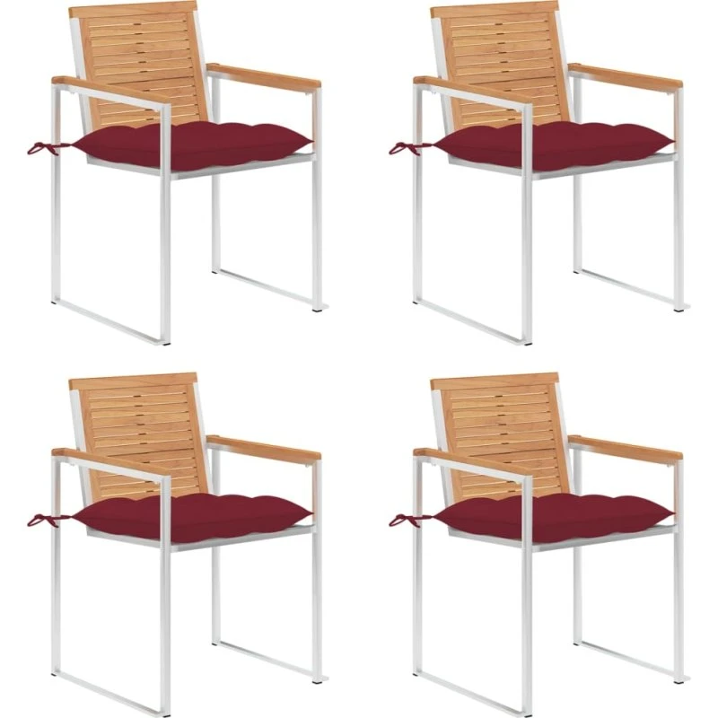 vidaXL Havestole 4 stk. med hynder, massivt teaktræ, rustfrit stål