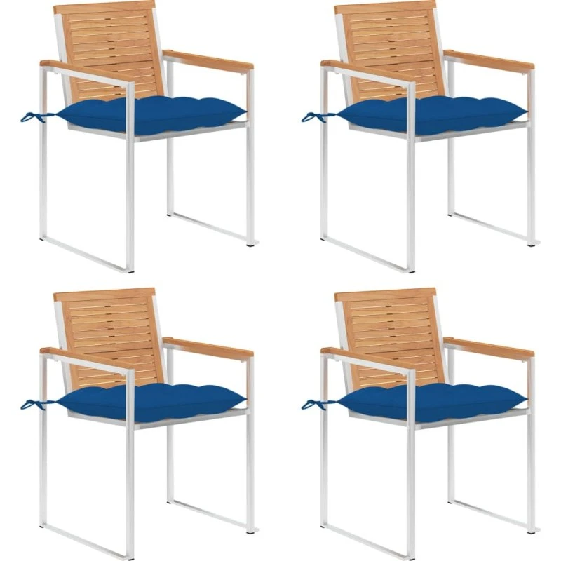 vidaXL Havestole 4 stk. med hynder, massivt teaktræ, rustfrit stål