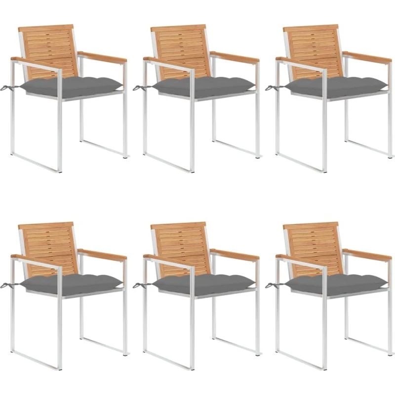 vidaXL Havestole 6 stk. med hynder, massivt teaktræ, rustfrit stål
