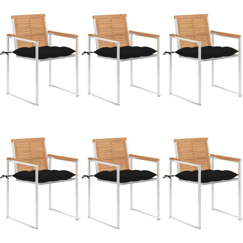 vidaXL Havestole 6 stk. med hynder, massivt teaktræ, rustfrit stål