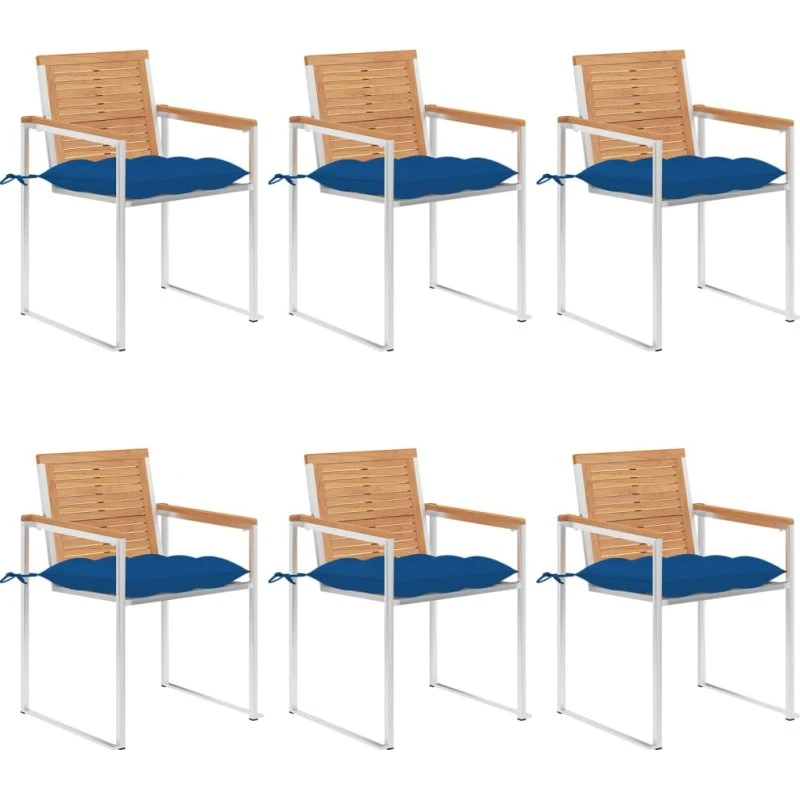 vidaXL Havestole 6 stk. med hynder, massivt teaktræ, rustfrit stål