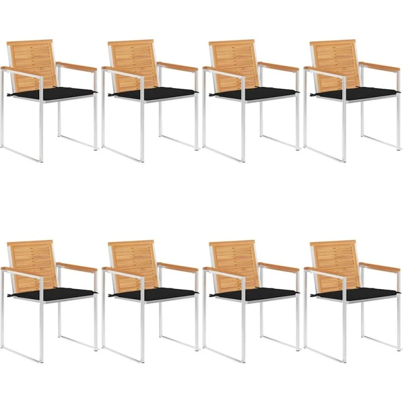 vidaXL Havestole 8 stk. med hynder, massivt teaktræ, rustfrit stål