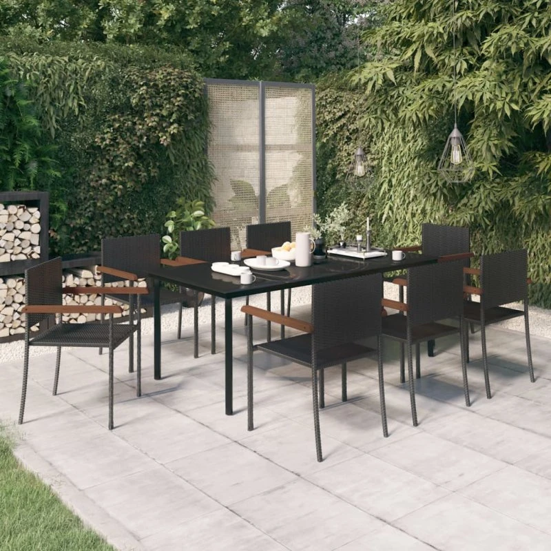 vidaXL 9-delers spisebordssæt sort med polyrattan-stole og glasbord