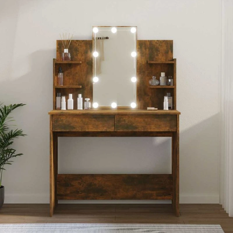 vidaXL Makeupbord med LED-lys 96x40x142 cm røget egetræ