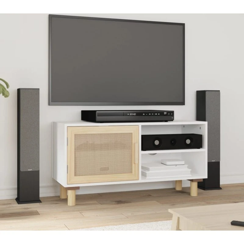 vidaXL tv-bord 80x30x40 cm fyrretræ og rattan hvid