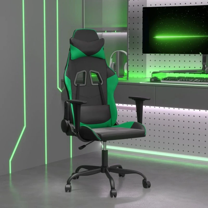 vidaXL Gamingstol med massage, sort/grøn, kunstlæder