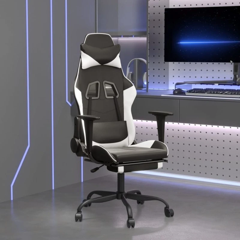 vidaXL Gamingstol med Massage og Fodstøtte, Kunstlæder Sort/Hvid
