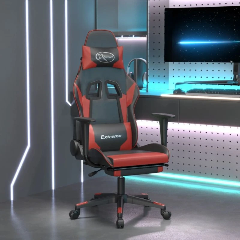 vidaXL Gamingstol med Massage og Fodstøtte, Kunstlæder Sort/Vinrød