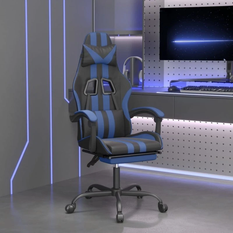 vidaXL drejelig gamingstol med fodstøtte, kunstlæder sort/blå