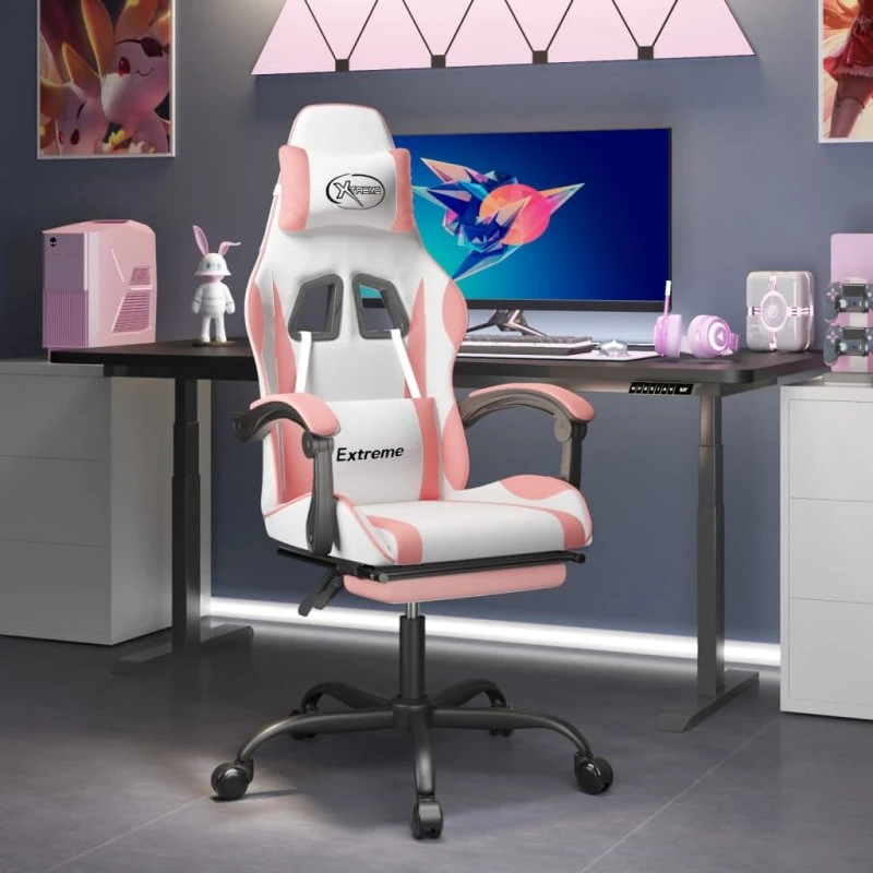 vidaXL Drejelig Gamingstol med Fodstøtte, Kunstlæder Hvid og Pink