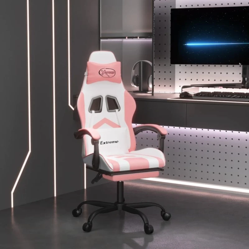 vidaXL drejelig gamingstol med fodstøtte, hvid og pink