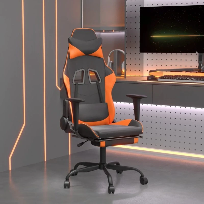 vidaXL Gamingstol med fodstøtte, kunstlæder sort/orange