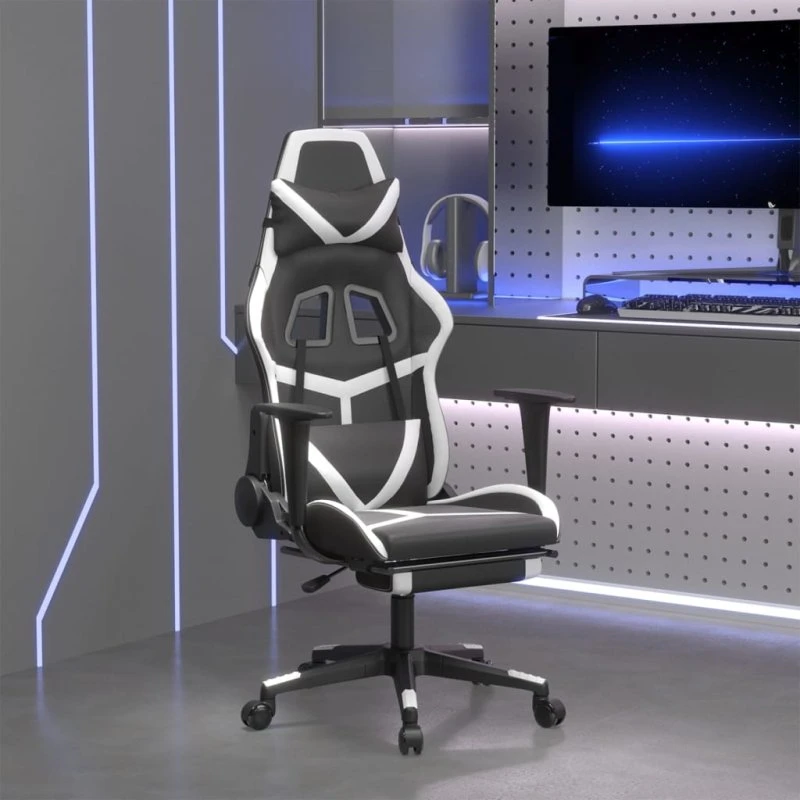 vidaXL Gamingstol med fodstøtte, kunstlæder sort/hvid