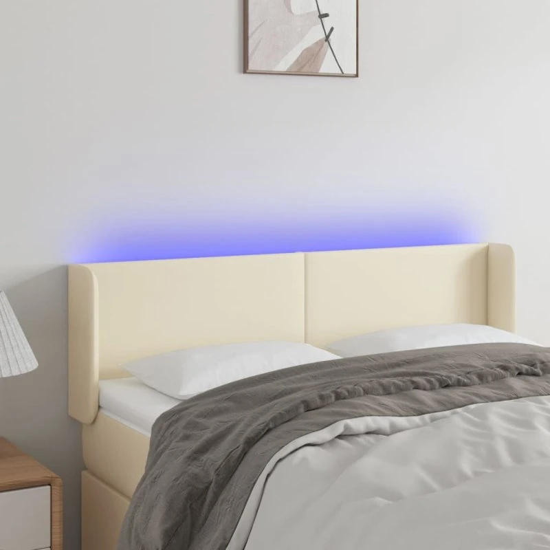vidaXL Sengegavl med LED-lys 147x16x78/88 cm cremefarvet kunstlæder