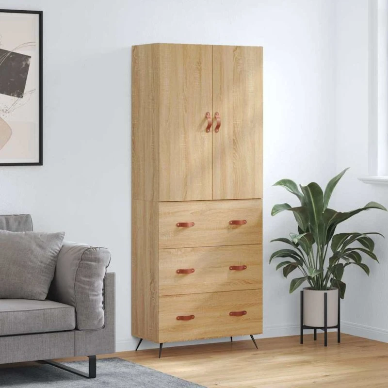 vidaXL Højskab 69,5x34x180 cm Konstrueret Træ Sonoma-Ege, 3 Skuffer