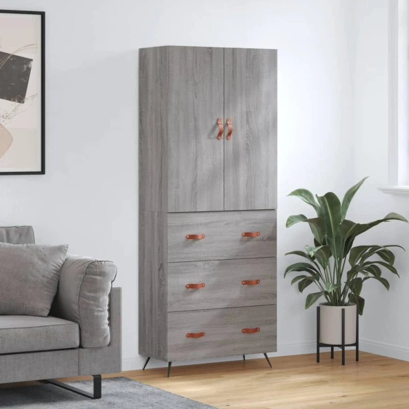 vidaXL Højskab 69,5x34x180 cm Konstrueret Træ Grå Sonoma-Eg, 3 Skuffer