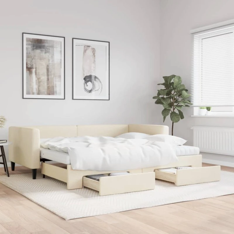vidaXL Daybed med Udtræk og Skuffer 90x200 cm Cremefarvet