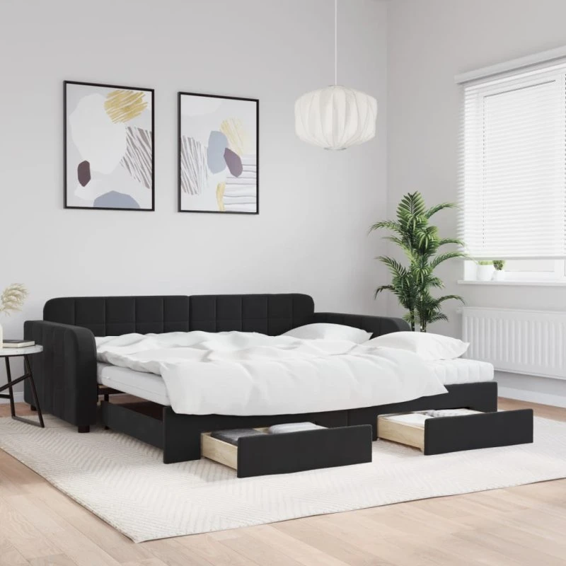 vidaXL Daybed med udtræk og skuffer 100x200 cm, sort