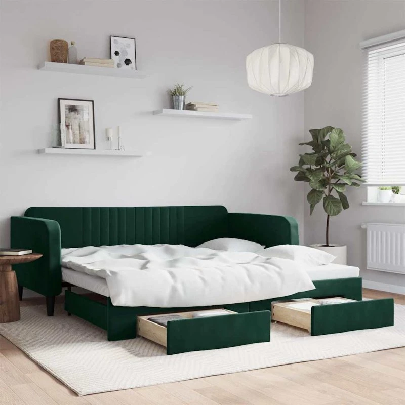 vidaXL Daybed med udtræk og skuffer 100x200 cm mørkegrøn
