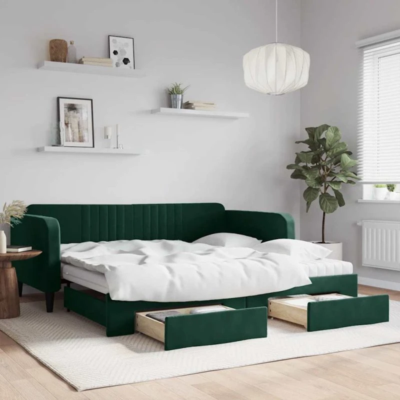 vidaXL Daybed med udtræk og skuffer 100x200 cm mørkegrøn