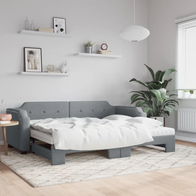 vidaXL Daybed med udtræk og madras 100x200 cm lysegrå