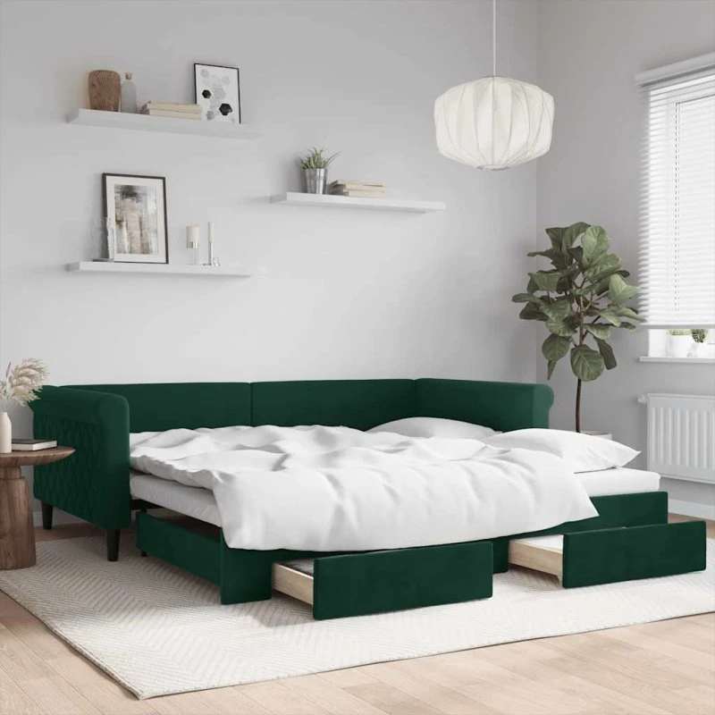 vidaXL Daybed med Udtræk og Skuffer 100x200 cm Mørkegrøn
