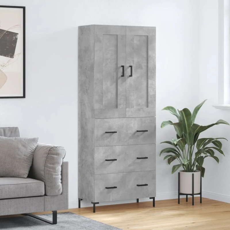 vidaXL Højskab 69,5x34x180 cm Konstrueret Træ Betongrå, 3 Skuffer