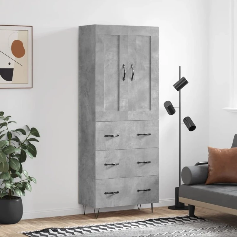 vidaXL Højskab 69,5x34x180 cm Konstrueret Træ Betongrå, 3 Skuffer