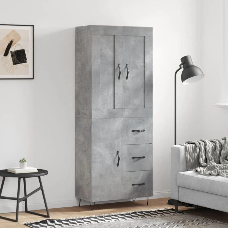 vidaXL Højskab 69,5x34x180 cm Konstrueret Træ Betongrå, 1 Låge 3 Skuffer