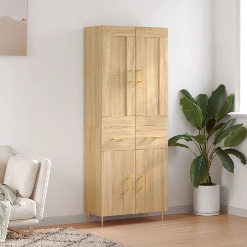 vidaXL Højskab 69,5x34x180 cm Konstrueret Træ Sonoma-eg, 2 Låger, 2 Skuffer