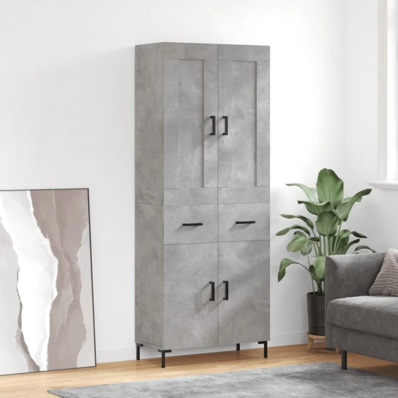 vidaXL Højskab 69,5x34x180 cm Konstrueret Træ Betongrå, 2 Låger & 2 Skuffer