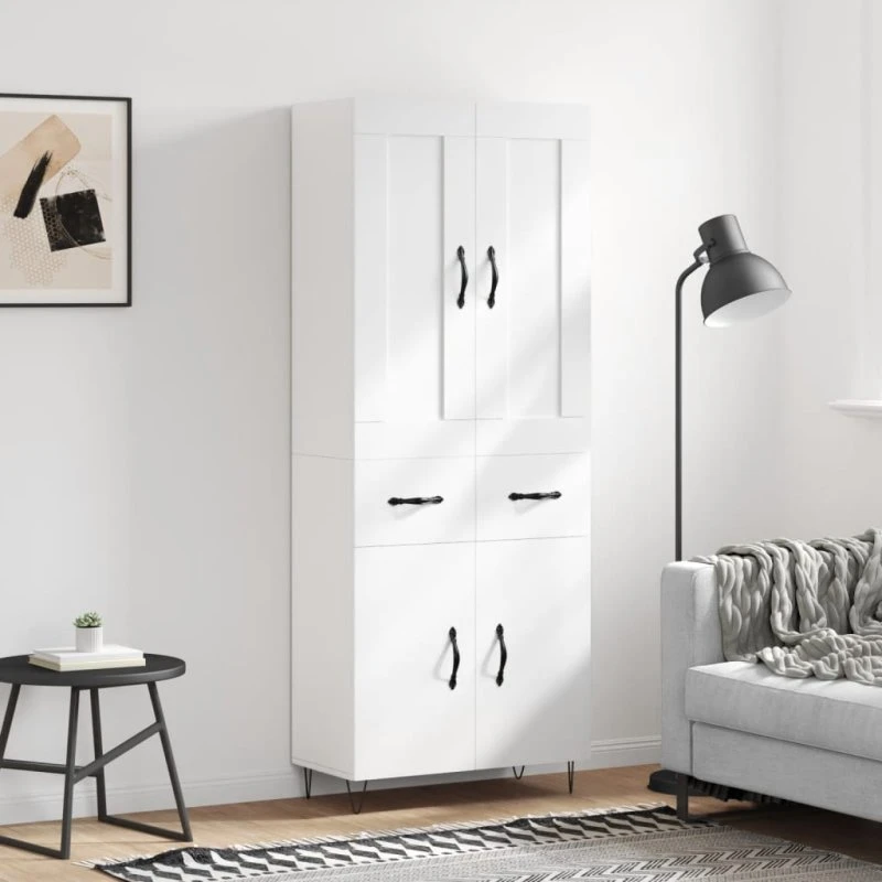 vidaXL Højskab 69,5x34x180 cm Konstrueret Træ Hvid, 2 Låger og 2 Skuffer