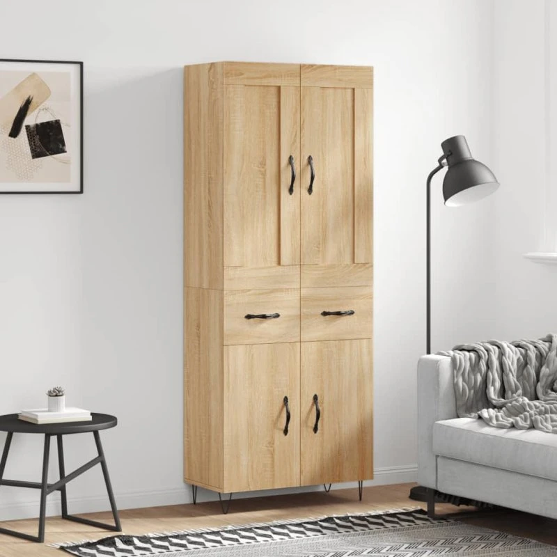 vidaXL Højskab 69,5x34x180 cm Konstrueret Træ Sonoma-eg, 2 Låger & 2 Skuffer