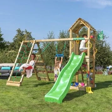 Jungle Gym Cocoon legetårn med klatremodul, 2 gynger & mørkegrøn rutsjebane