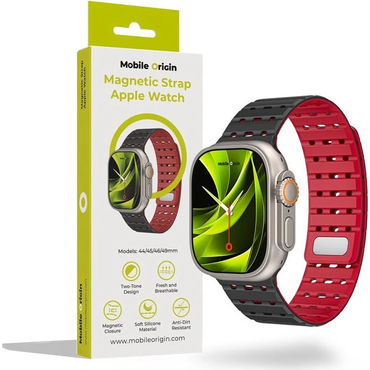 Mobile Origin Magnetisk Urrem, Sort/Rød til Apple Watch 44/45/46/49mm