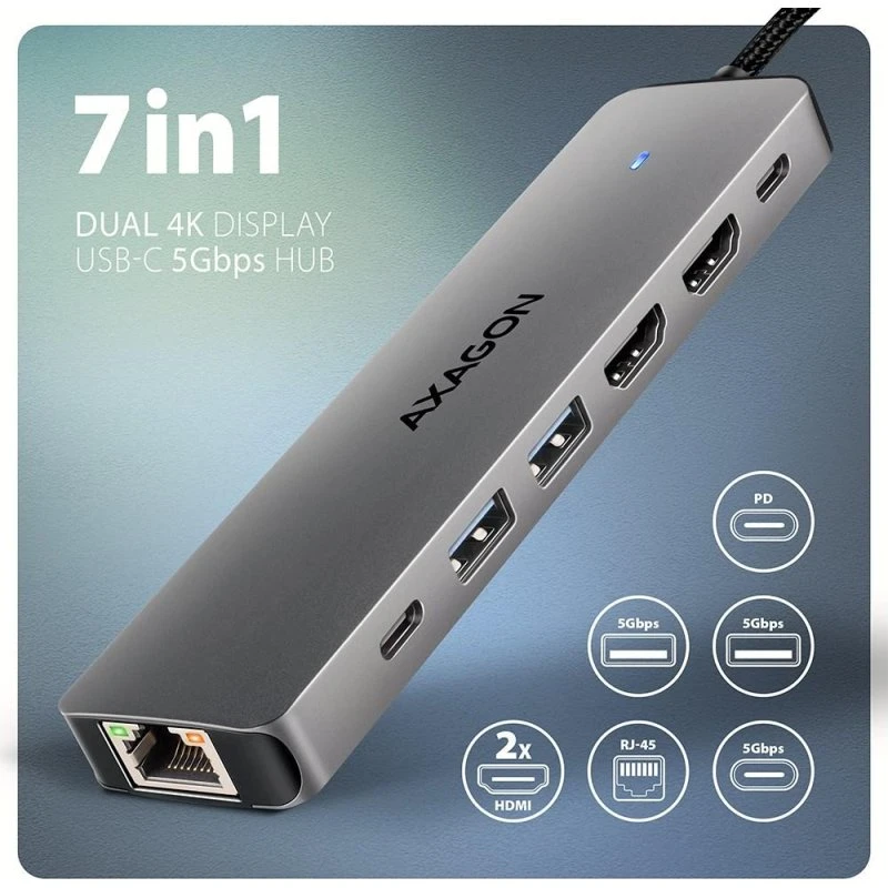 AXAGON HMC-7HX2 Dual 4K USB-C 7-in-1 Hub Grå