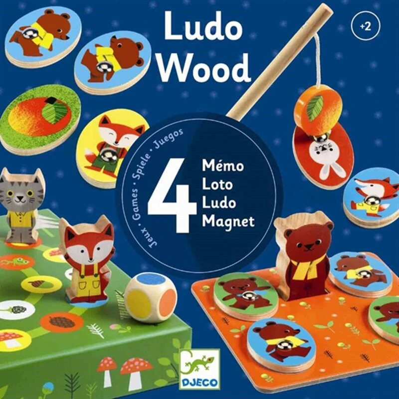 Djeco Trælærespil Ludo Wood – 4-i-1
