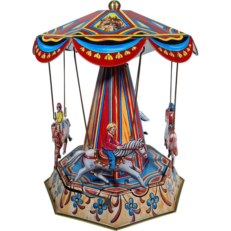 Tivoli mekanisk karrusel i blik med heste, 21 cm