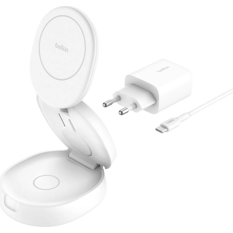 Belkin BoostCharge 3-i-1 Magnetisk Trådløs Opladningsstander, 15W, Hvid