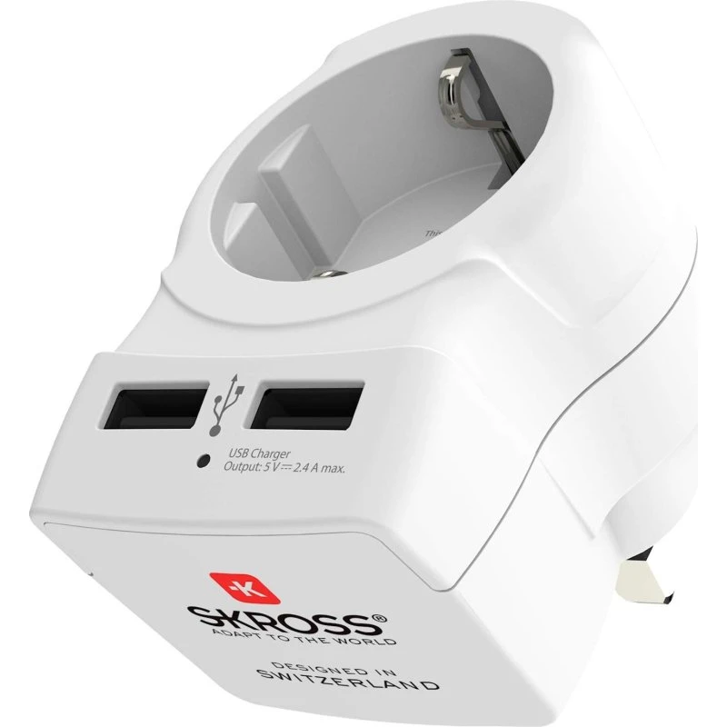 SKROSS® Rejseadapter Europa til Storbritannien 2xUSB-A 12W jordet