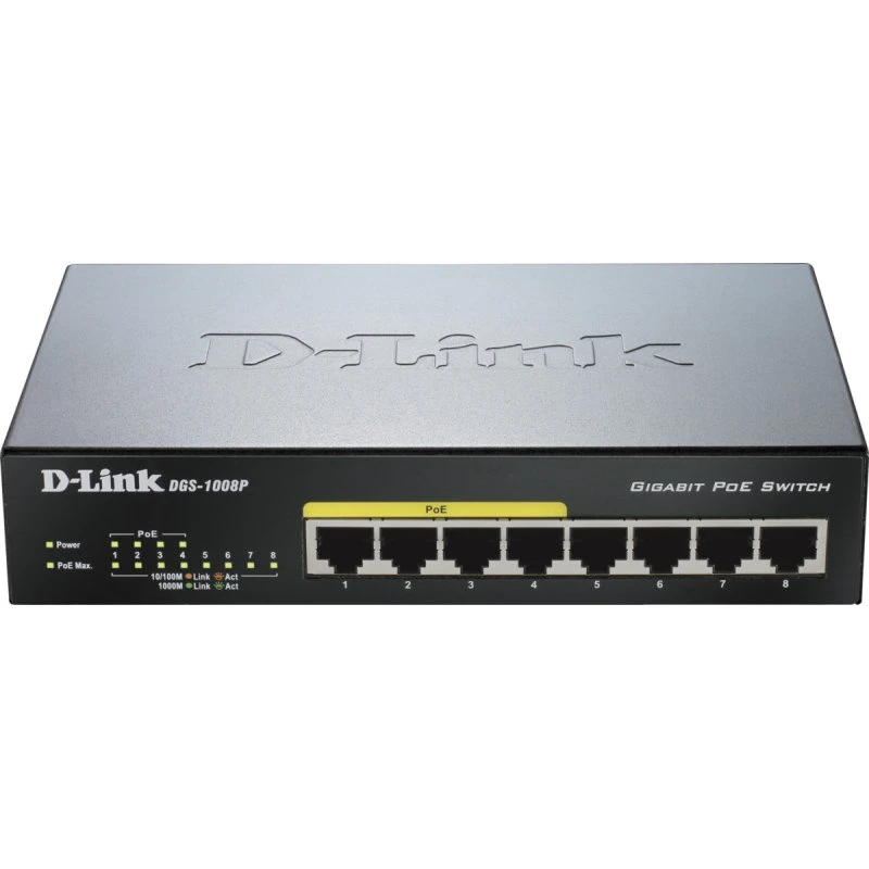 D-Link DGS-1008P 8-Port Gigabit PoE Switch, Sort