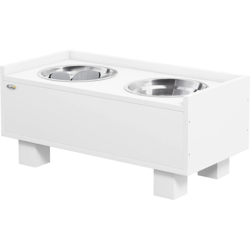 Forhøjet hundefoderstation med slow feeder måtte, 2 alu-skåle, hvid