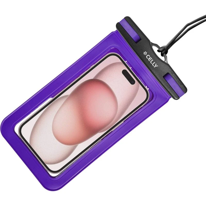 Celly Splashbag Vandtæt Taske IP68, Lilla, Max 6,9"