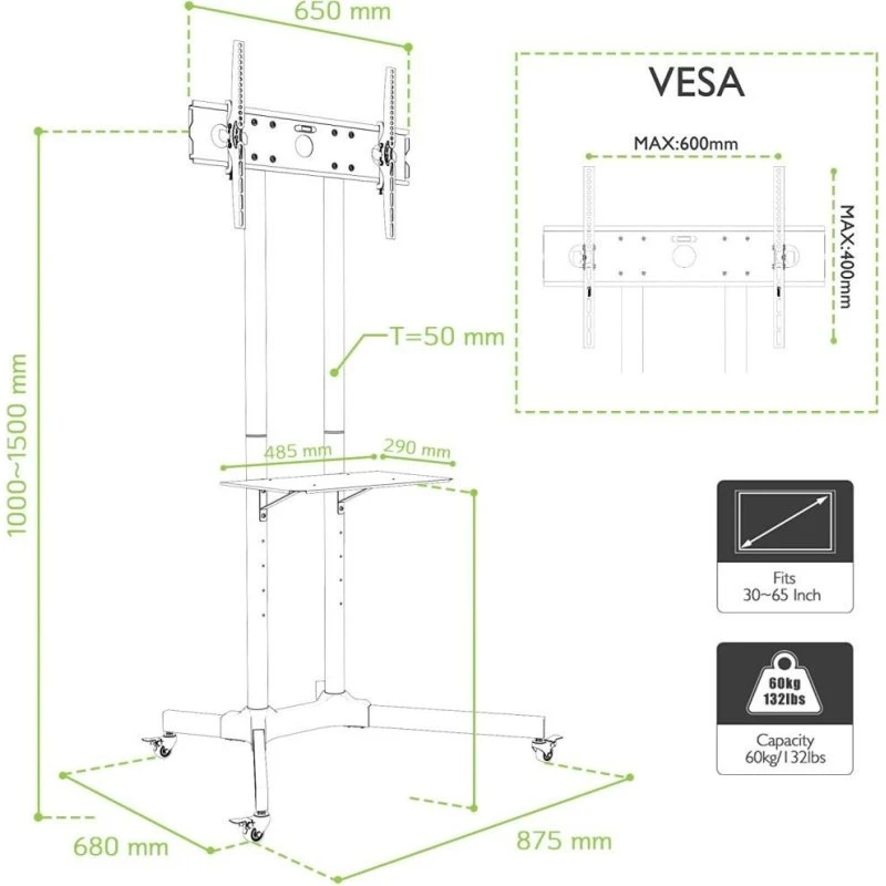 TECHly ICA-TR6 TV-gulvstativ, 30-65" med hylde, sort