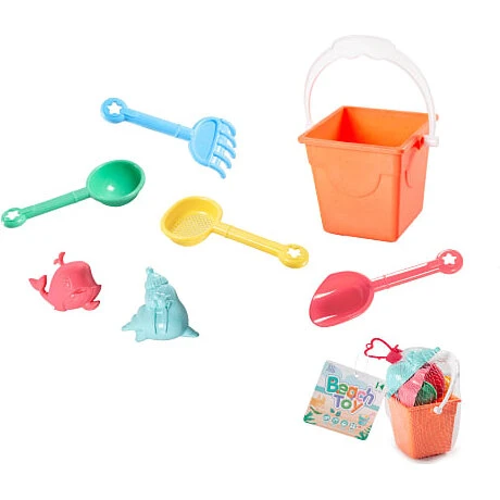 Strandsæt med spand, skovle, river og sandforme