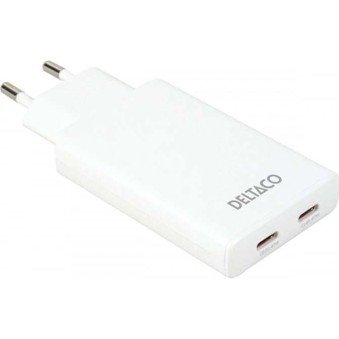 Deltaco USB-C 67W Slim Wall Charger, 2x USB-C PD/PPS