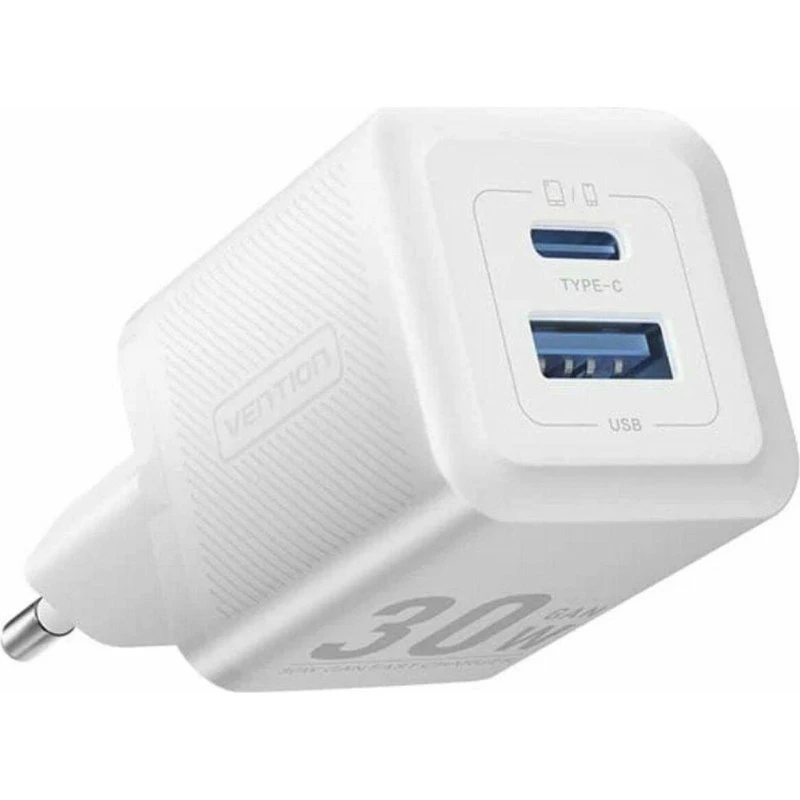 Vention FEQW0-EU 30W GaN vægoplader USB-C + USB-A, hvid